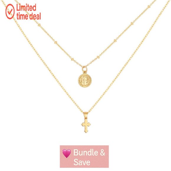 18k Gold Layered Choker Necklace with Lock Key Pendant Double Chain - Picture 1 of 8